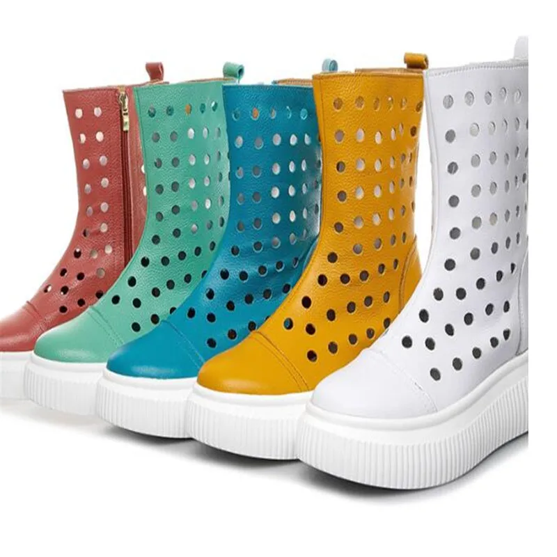 

Summer Women Sandals High Top Platform Shoes Hollow Breathable Leather Boots Transparent Fashion Socks Sandals Fructose Color