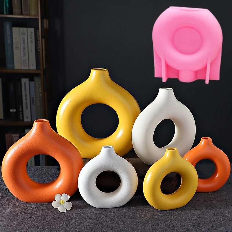 DIY 14-24cm large middle small circular vase resin silicone mold donut vase concrete cement mold gypsum silicone home decor