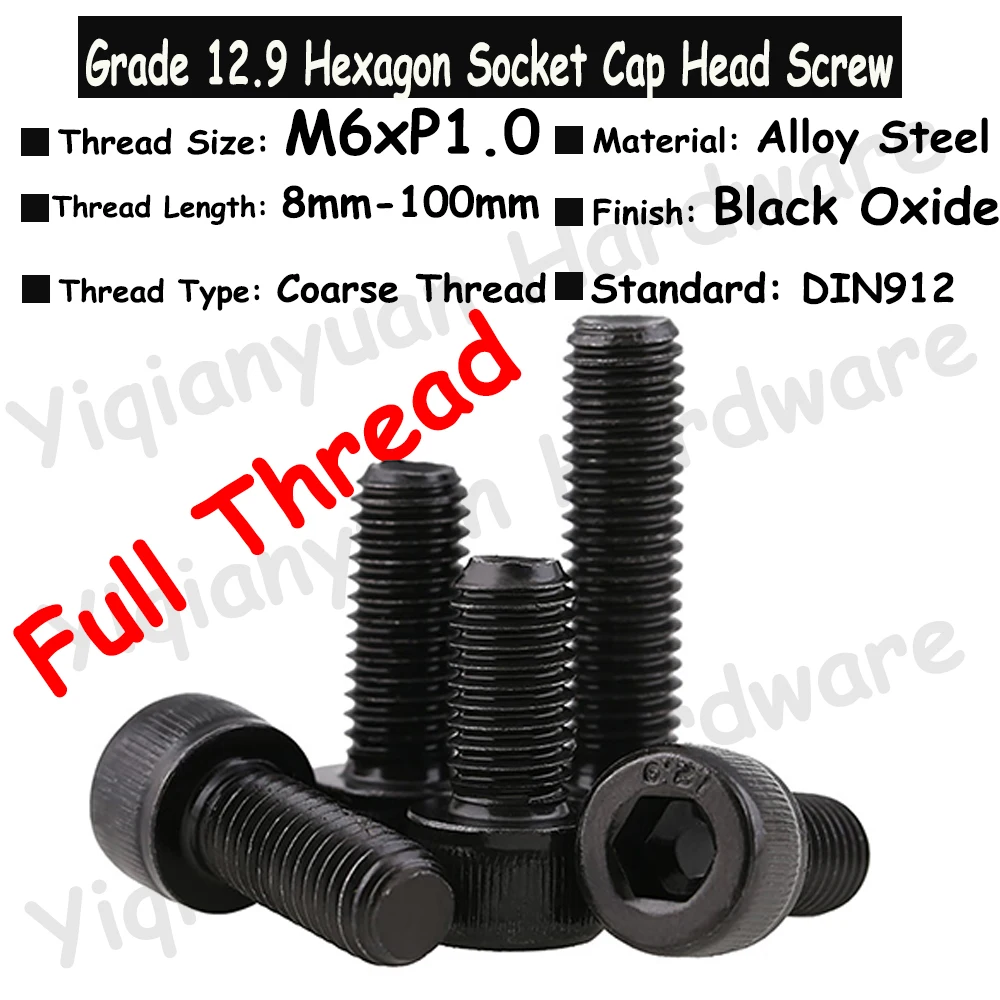 

2Pcs~10Pcs M6xP1.0 DIN912 Grade 12.9 Alloy Steel Hexagon Socket Knurled Cap Head Screws Allen Key Bolts Full Threaded 8mm~100mm