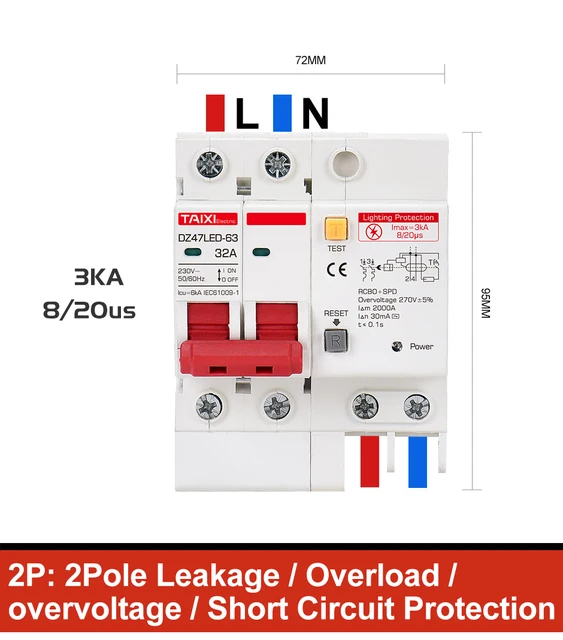 ZJCHAO Disjoncteur actuel Protecteur contre Fuites DZ47LE-32 2P + 2 C16  Disjoncteur à Courant Résiduel 230V / 16A