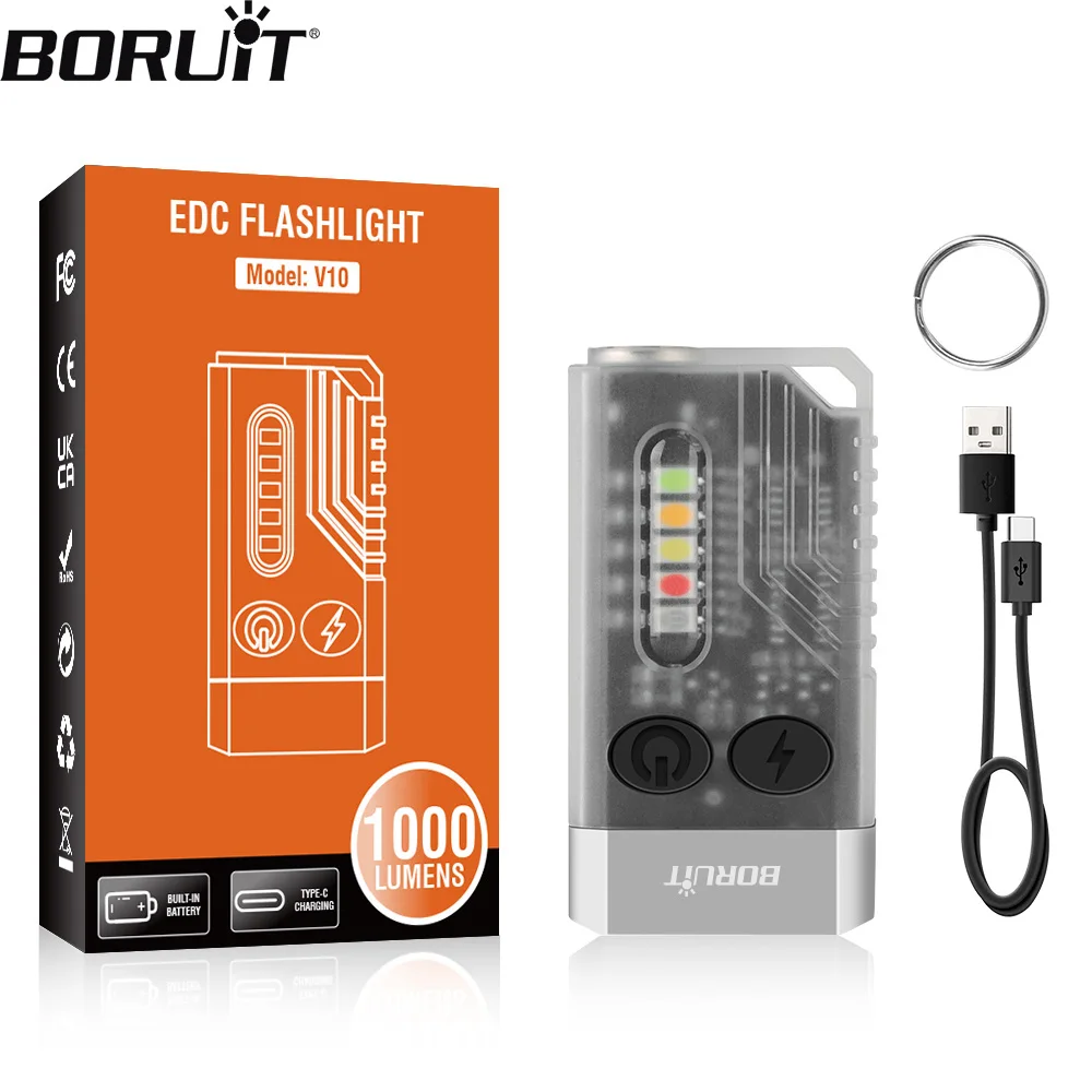BORUiT V10 EDC Keychain Flashlight Portable Mini Torch Type-C Rechargeable Work  Light With Magnet UV Beep Camping Pocket Lantern