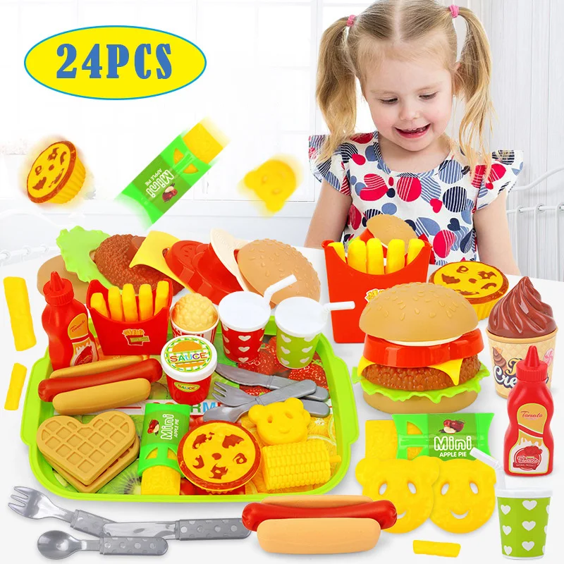 Simulation Hamburger Toys for Kids Pretend Play Cooking Chips Pizza Western Food Kitchen Cooking Dishes Toy Set Girls Education 2