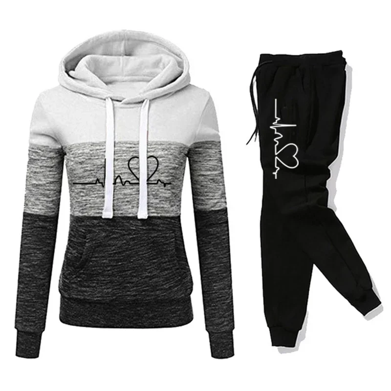 Women Tracksuit Printing Hooded Sweatshirt Sweatpant Color Block Versatile Casual Jogging Pullovers Sport Trousers Outfits S-3XL 5
