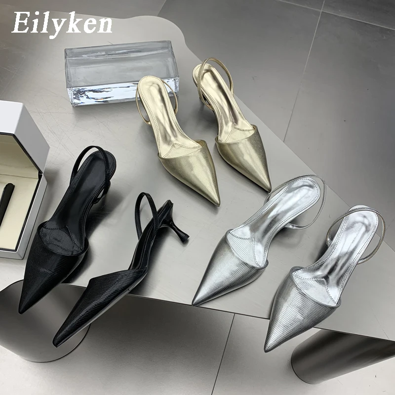 Eilyken Megmunkalás Ezüst- Nők Kiszivattyúz Szandál sexi Csúcsos Fokhagymagerezd slingback esküvői Félfogadás Magas légnyomású levegő heels öszvérek cipők zapatos Delaware mujer