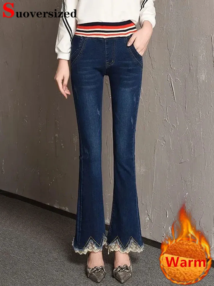 

Lace Velvet Lined Slim Jeans Flare Pants Winter Elastic High Waist Warm Vaqueros Pantalones Thick Big Size Plush Denim Trousers