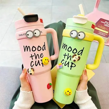1000ML Thermal Water Bottle 32oz Large Capacity With Straw Stainless Steel Thermos Bottle Cold and Hot Thermos Cup 1