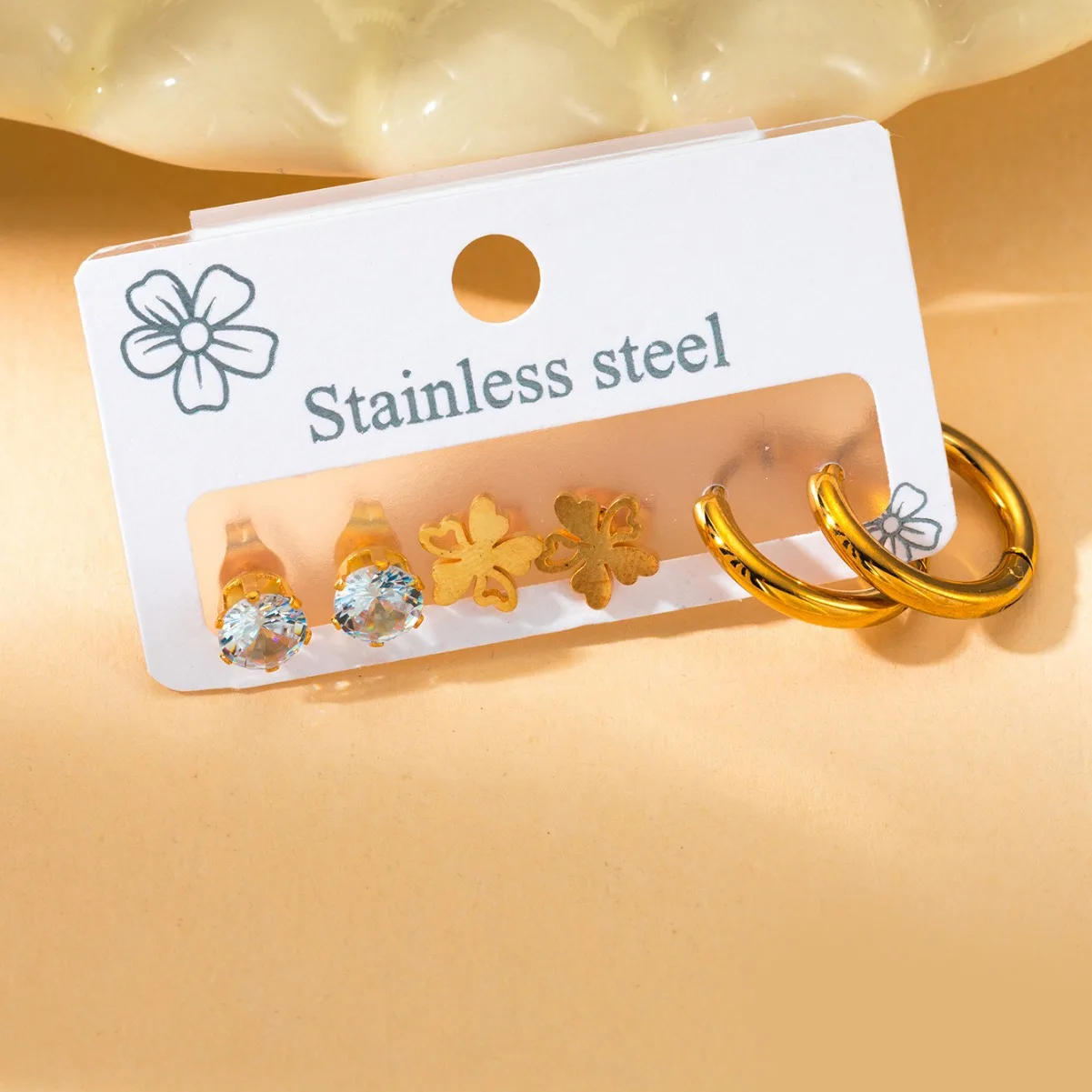Trendy Titanium Stainless Steel Flower Earrings Jewelry 3Pair/Set Crystal Earrings for Women Girls 3