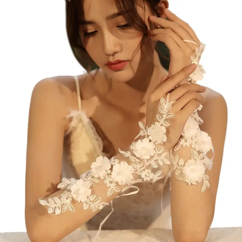

Women White Fingerless Hollow Embroidery Flower Faux Pearl Bridal Wedding Gloves