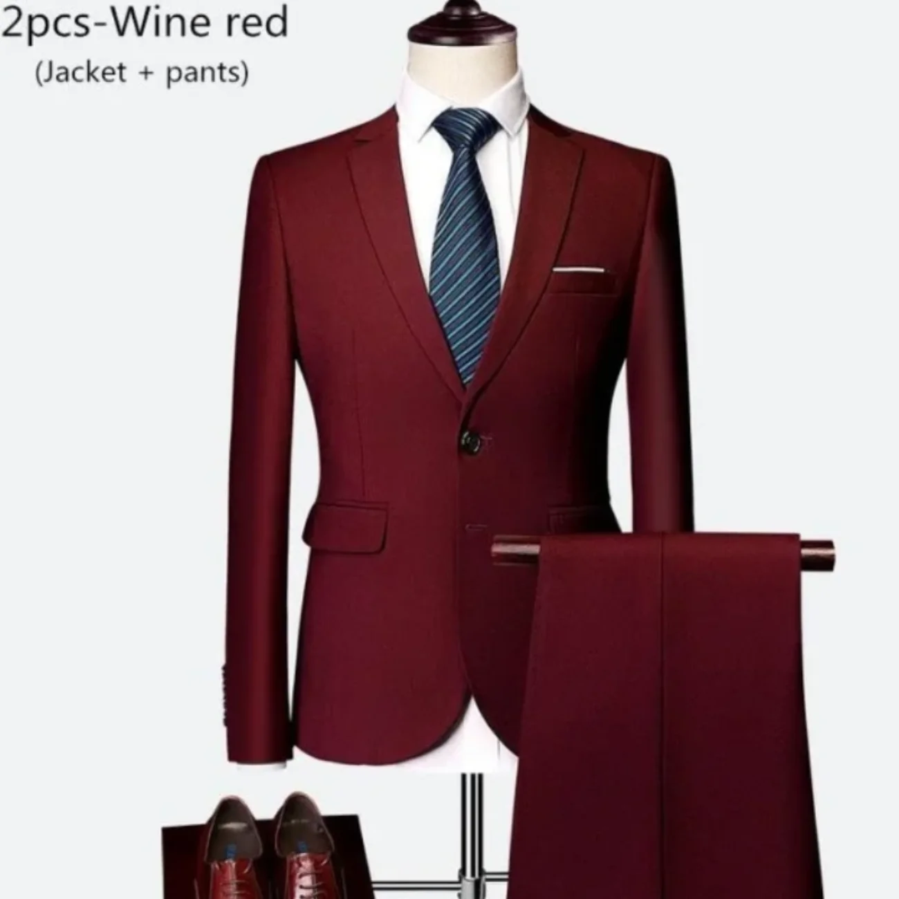 

Burgundy Men's Wedding Suits for Men Classic Business Formal Groom Solid Colored Tailored Fit Single Breasted One-button 202