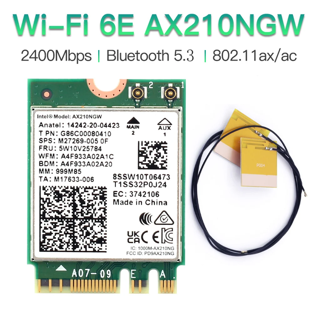 

WiFi 6E Intel AX210 Bluetooth 5.3 M.2 Wireless Card AX210NGW 2.4Ghz 5Ghz 6Ghz 5374Mbps 802.11ax Wifi 6 Adapter For laptop PC