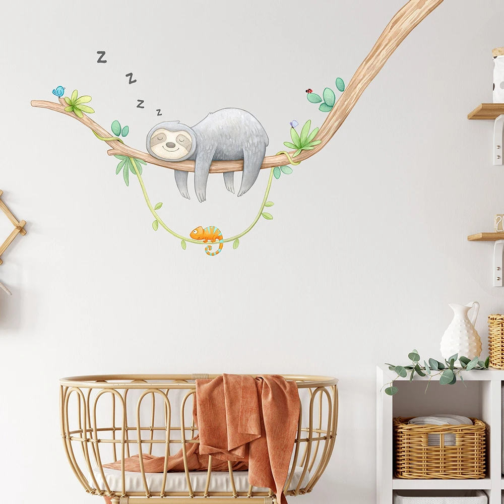 Jungle Sleepy Sloth Fabric Tree Wall Sticker Nursery Bedroom Watercolour Animal Branch Wall Decal Playroom Home Decor
