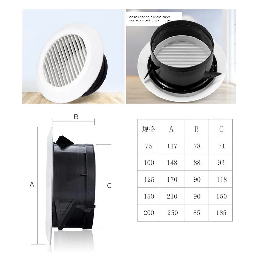 

1PC ABS 100/125/150/200mm Air Vent Grille Circular Indoor Ventilation Outlet Duct Pipe Cover Cap Kitchen For Cooling Parts