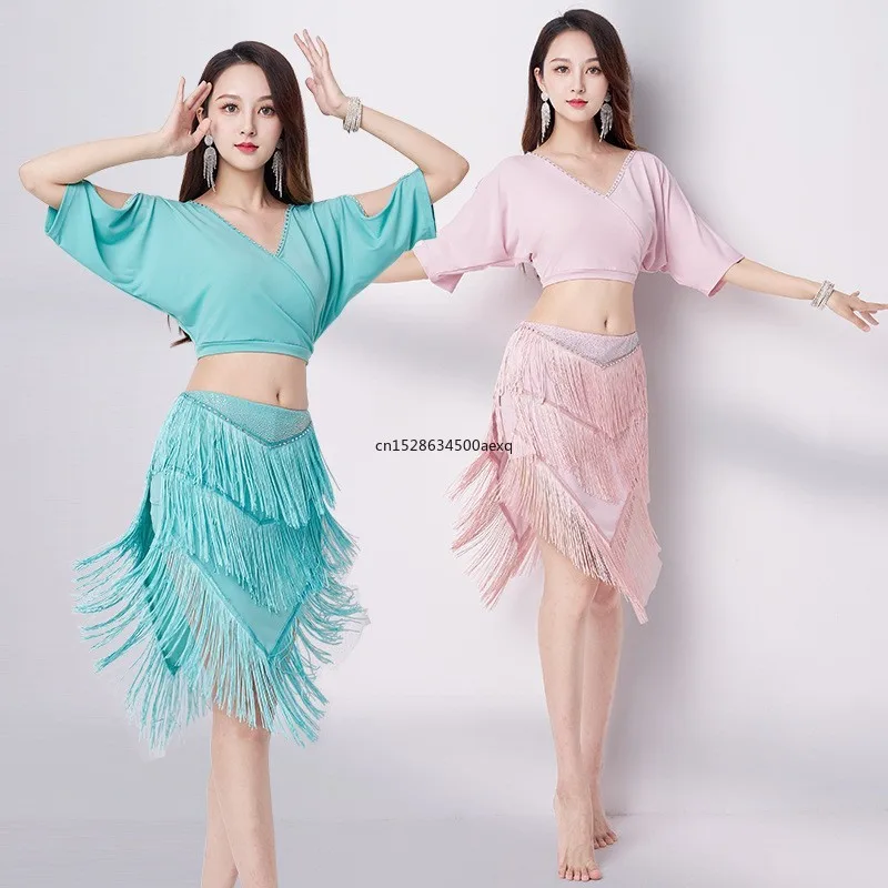 

Женский костюм для танца живота, комплект из юбки с бахромой и V-образным вырезом