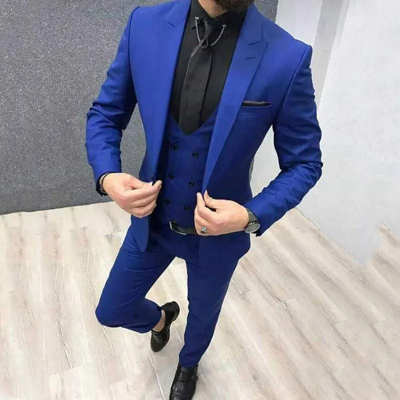 

2023 Casual Three Piece Royal Blue Men Suits Peaked Lapel Groom Wedding Tuxedos Slim Fit Male Suits (Jacket + Pants + Vest)
