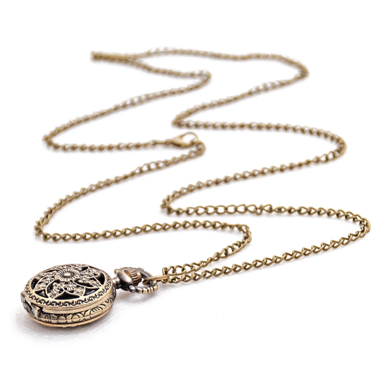 

Fashion Vintage Retro Bronze quartz watch pocket Chain pendant necklace