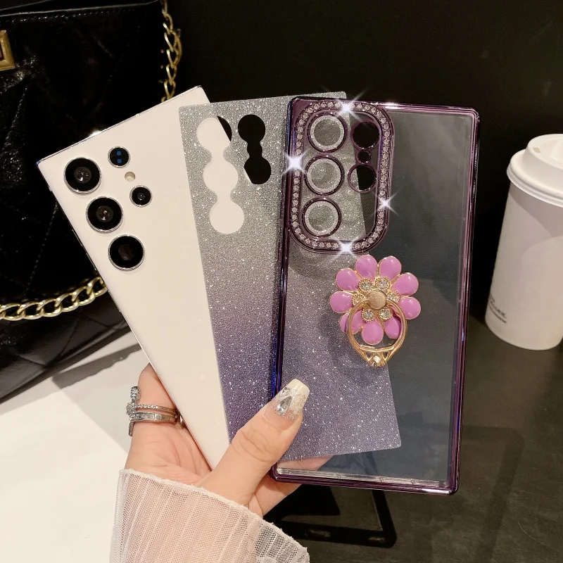 Phone Case Iphone Case For Samsung Galaxy S25 Ultra Luxury Plating Rhinestone Frame Diamond Ring Stand Phone Case Samsung S22 S23 S24 S25Plus Cover
