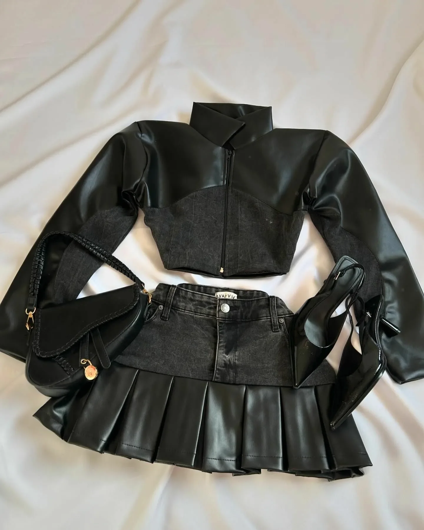Two Piece Sets Womens Outifits Y2K Pu Leather Spliced Denim Black Skirt Sets New Harajuku Gothic Sexy Zipper Jacket Mini Skirt 2