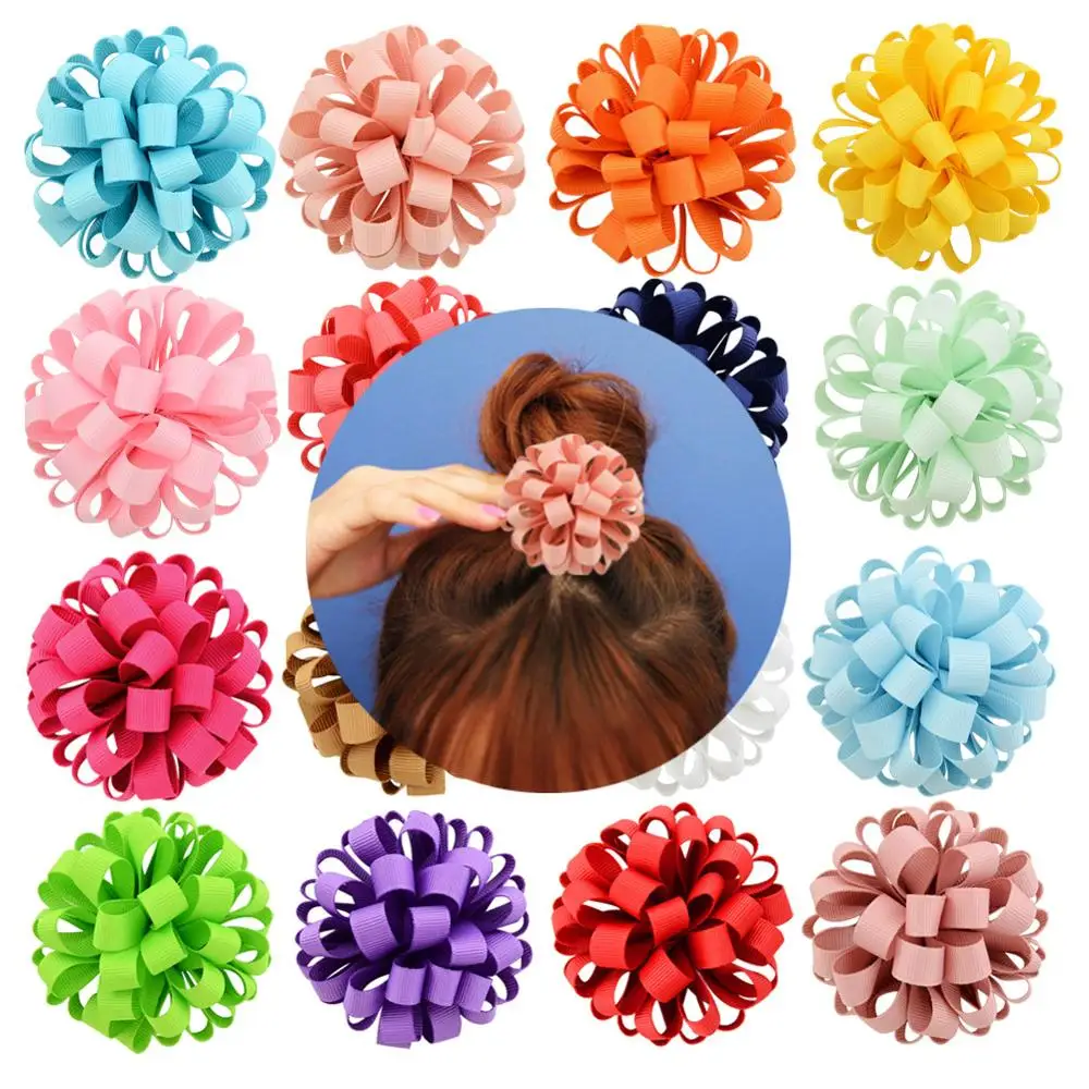 1Pcs 3inch New Hair Band Girls Design Beauty Grosgrain Ribbon Flower With Elastic Rope Floral Kids Bands Baby Hair Accessories