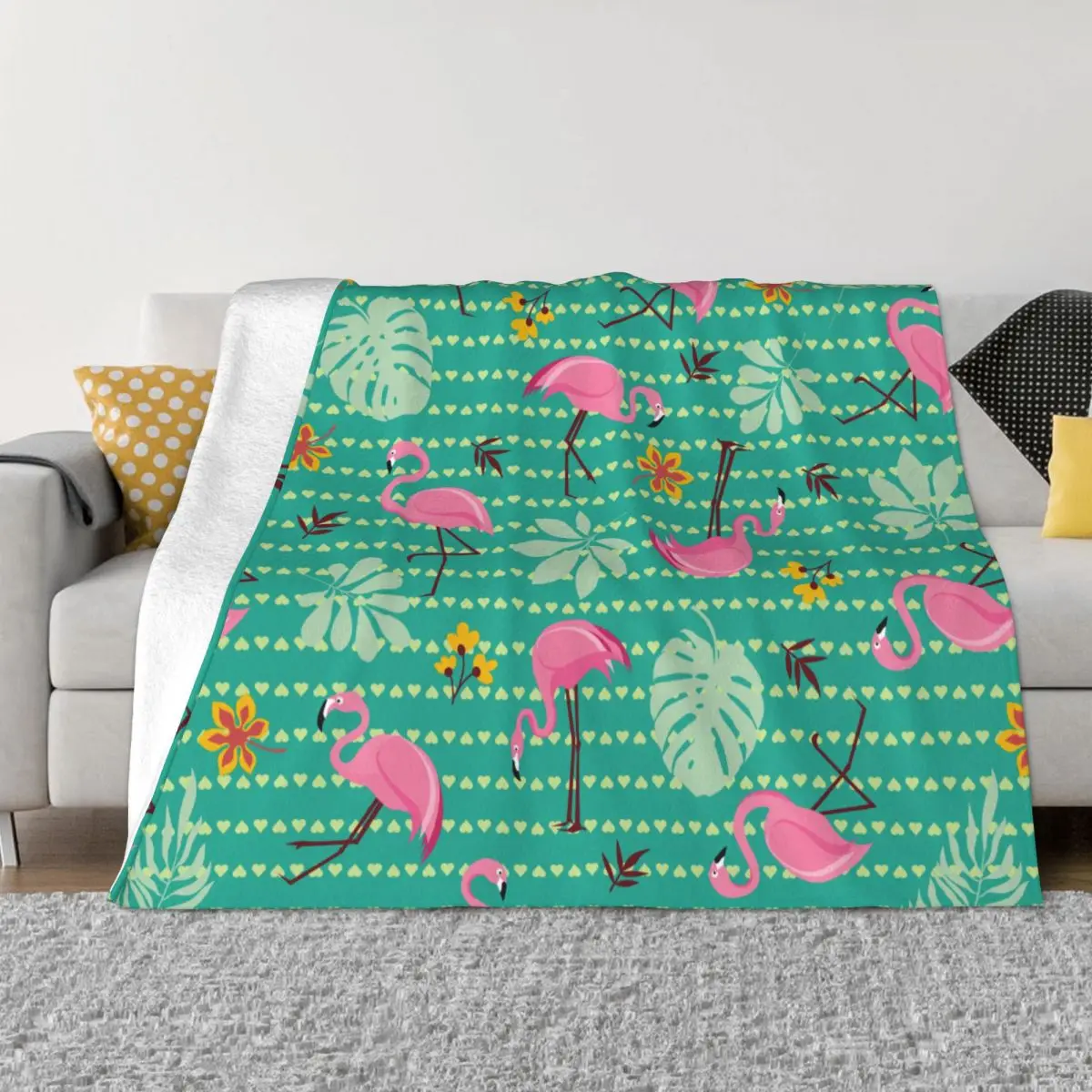 

Pink Flamingos And Tropical Palm Leaves Blankets Flannel Textile Decor Portable Warm Throw Blanket for Bed Car Plush Thin Quilt