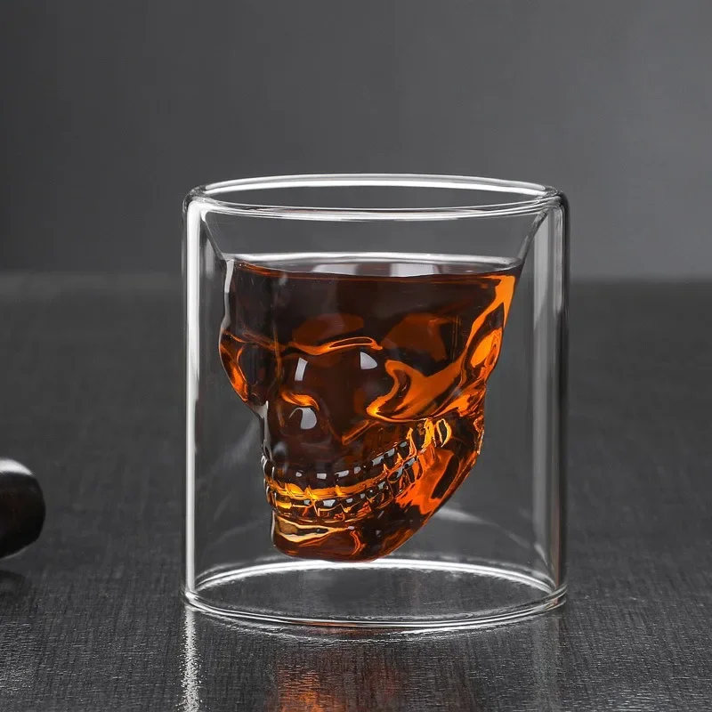 Double-layered Transparent Skull Head Coffee Mug Crystal Glass Cup for Home Bar Club Whiskey Tequila Wine Vodka and Beer Wine whiskey glass glass drinkware