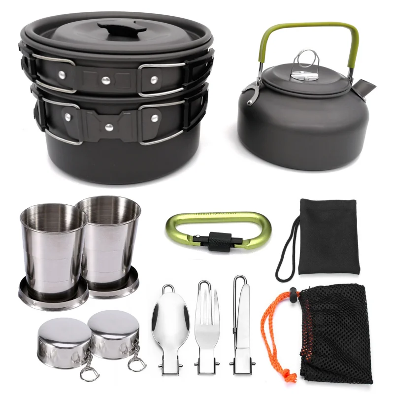 

1 Set Outdoor Pots Pans Camping Cookware Picnic Cooking Set Non-Stick Tableware with Foldable Spoon Fork Knife Kettle Cup