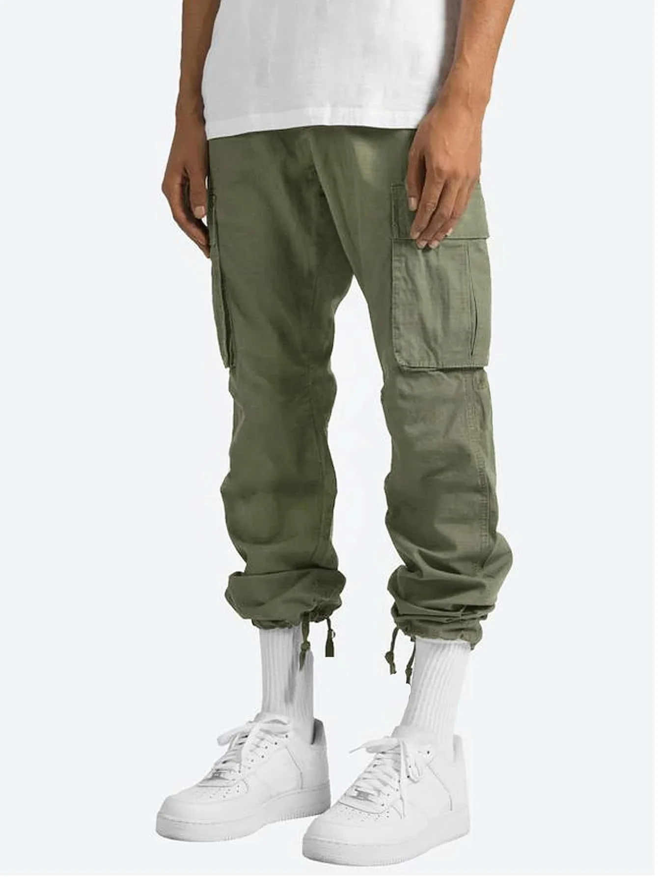 Description Picture 5 of item2024 Men's Cotton Loose Sports Trousers for Men Length Solid Color Loose Multi-pocket Drawstring Pockets Pants Male Cargo Pants
