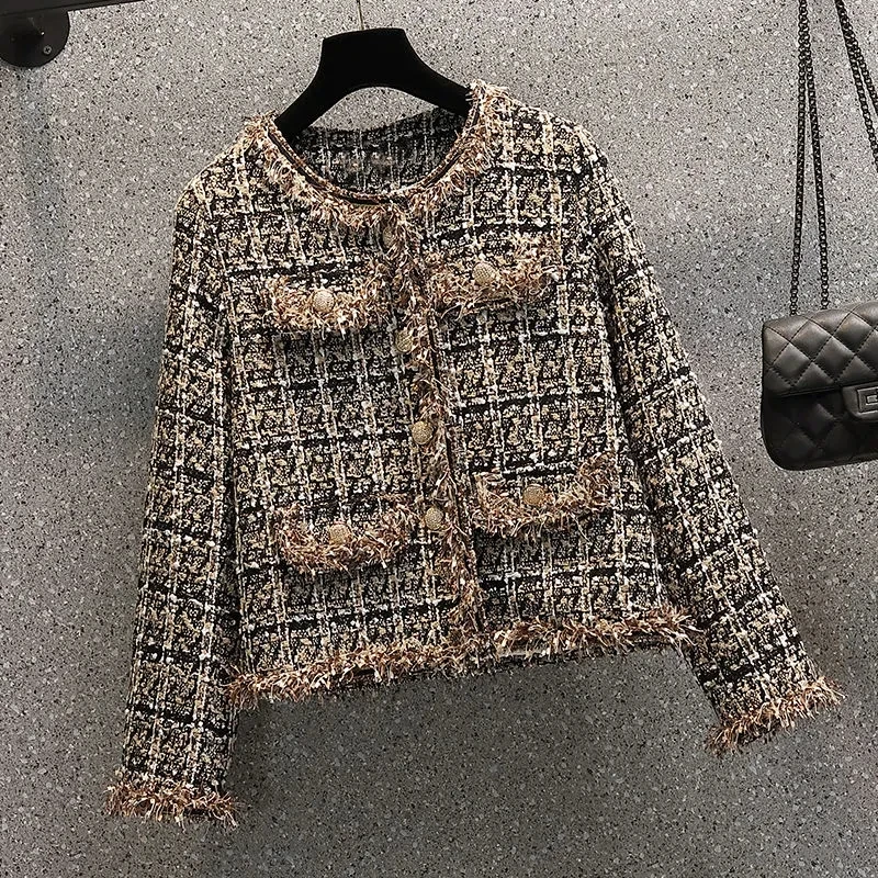 

2024 Autumn Winter New Tweed Short Jackets Women's Outwear Fashion Loose Long Sleeve Burrs Casual Plaid Jacket Coat Tops