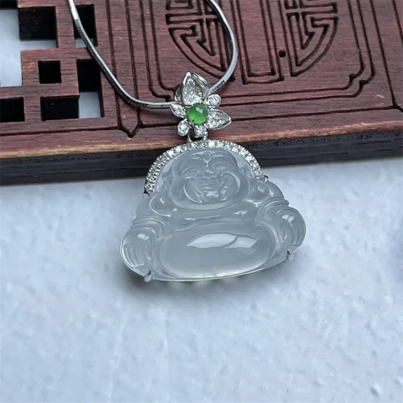 

New 18K Gold Inlaid Myanmar Natural a Cargo Jade Ice-like Maitreya Buddha Necklace Pendant