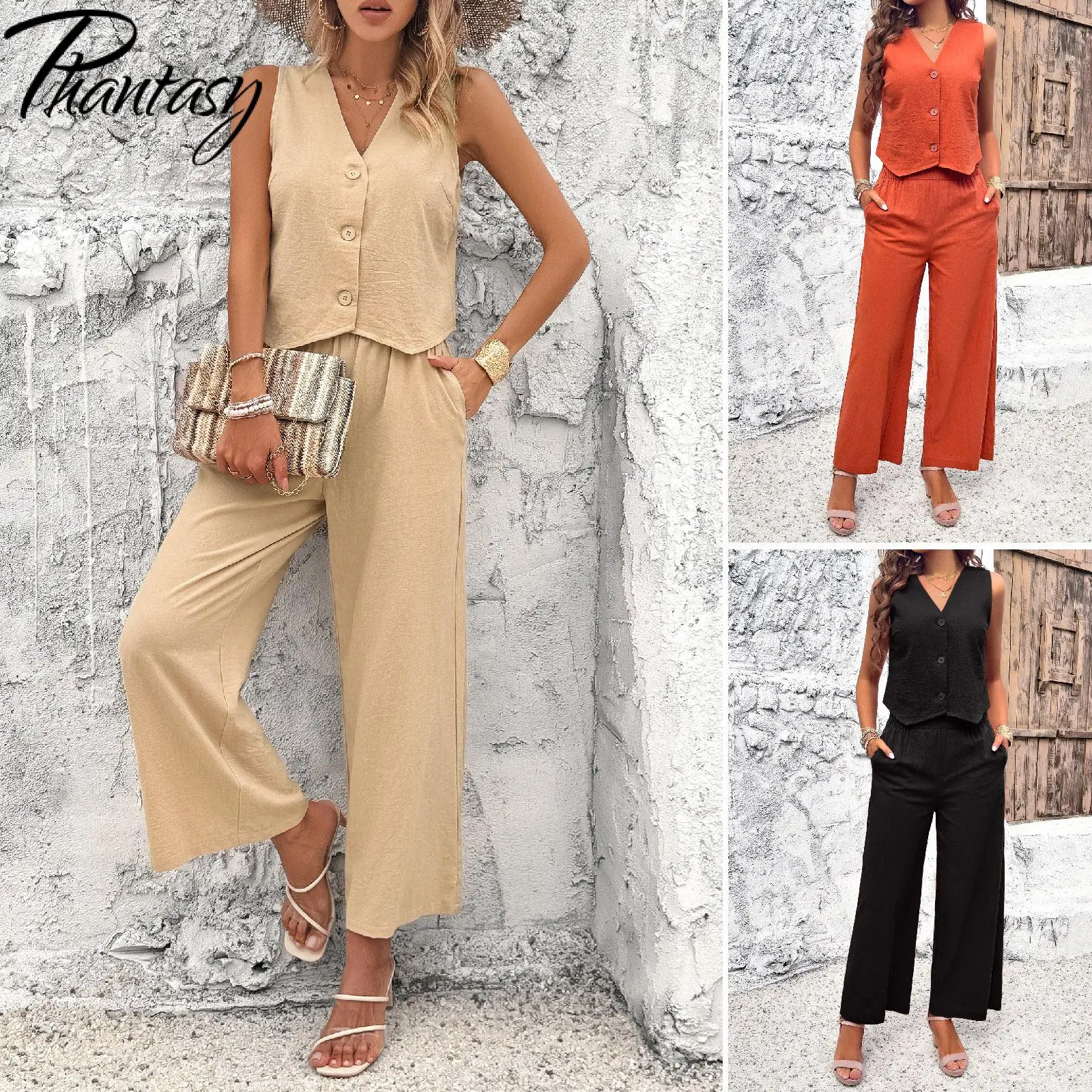 Phantasy Women Pants Suits Office Lady Two Piece Set Solid V Neck Tops Loose Trouser Vacation Casual Sleeveless Female Clothing women strap cisscross design one piece wide leg jumpsuits office lady summer sleeveless evening party black jumpsuit overalls