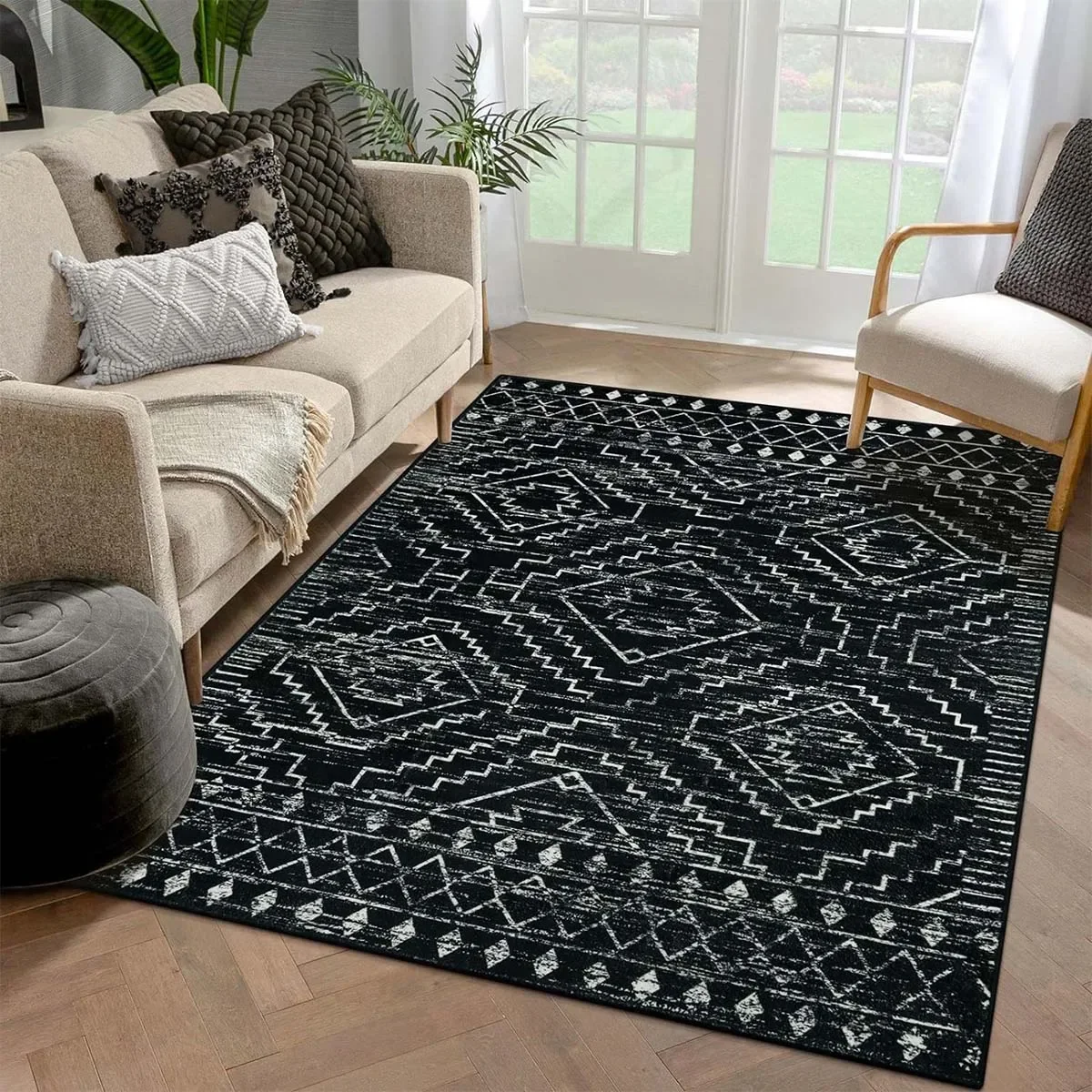 Bohemian Carpet for Living Room, Soft, Short, Plush, Non-slip, Area Rugs, Machine Washable, Black, Retro Ethnic, Bedroom, Home 2