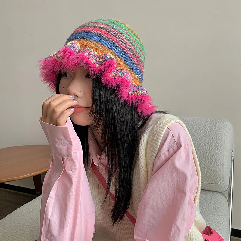 

Ruffle Hem Warm Hat Gradient Contrast Color Plush Knitted Hat Retro Rainbow Knitted Hat Striped Oil Painting Woolen Furry Brim