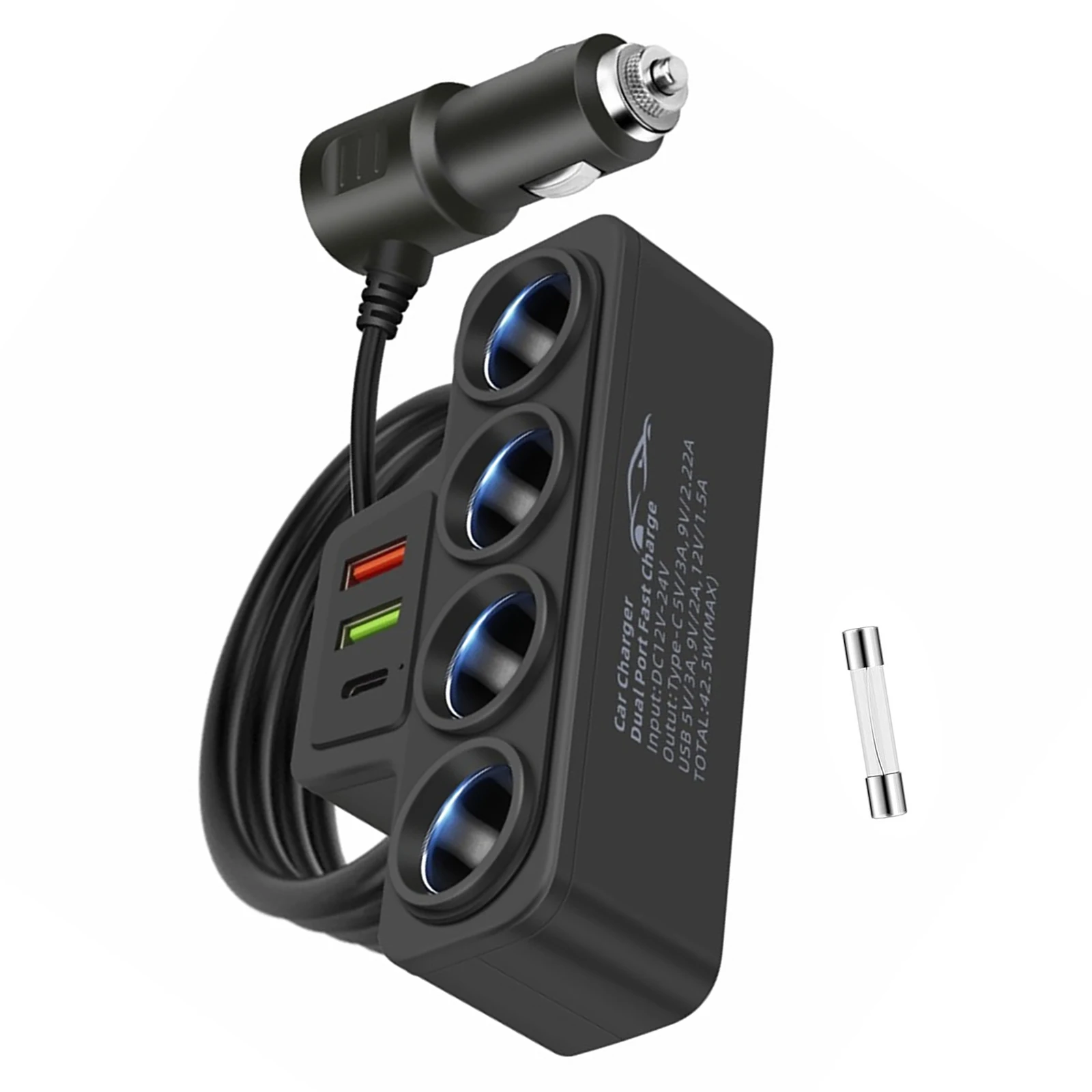 120W 7 in 1 Car Charger Adapter PD 4 Socket Cigarette Lighter Splitter Fast Charger Power Adapter DC 12-24V Auto Accessories