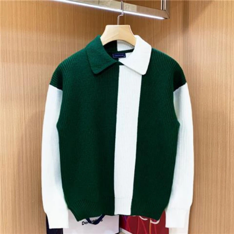 European American Trendy Design Color-blocked Lapel Pullover for Men Casual Personalized Thickened Round Neck Sweaters for Men