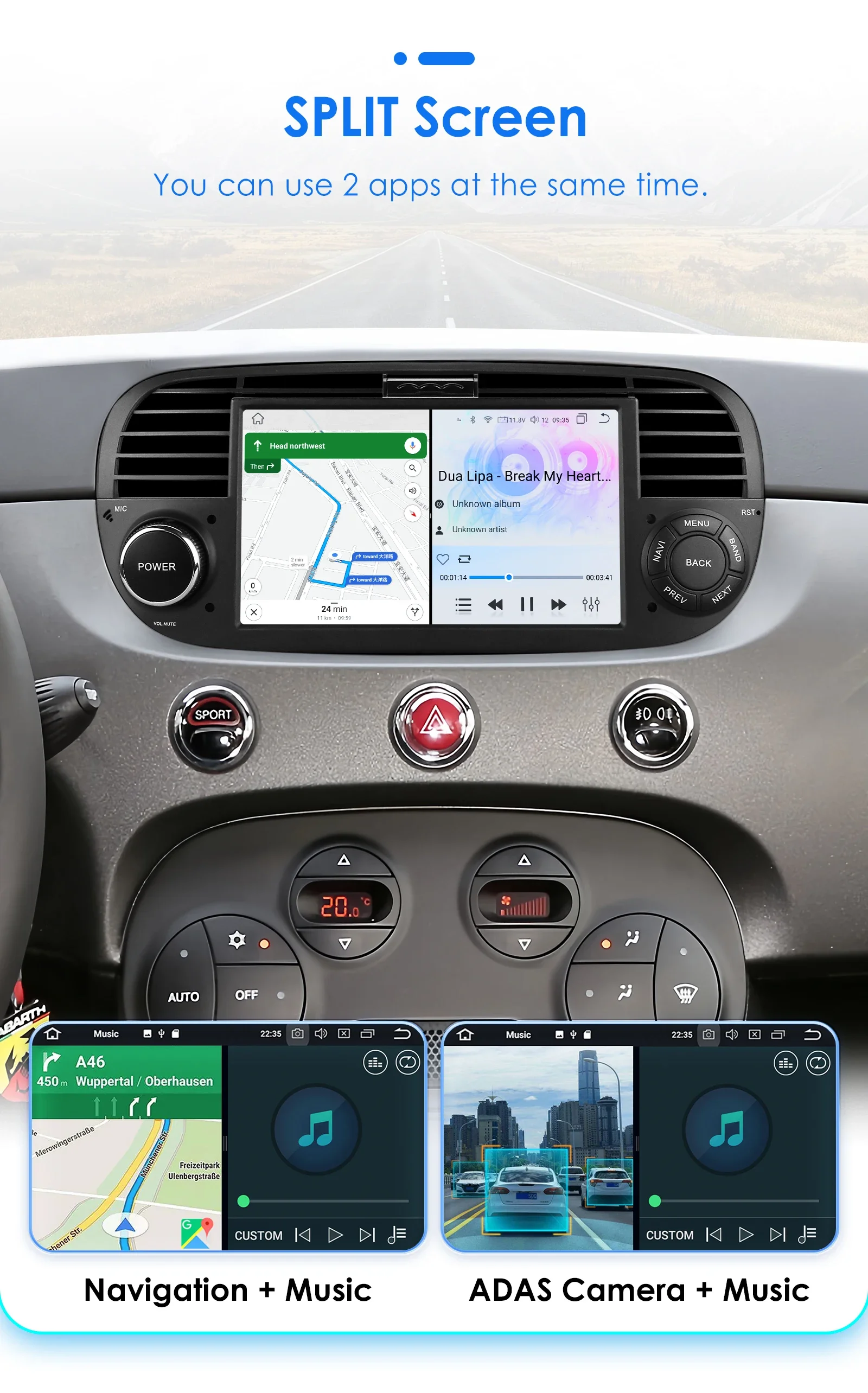 Autoradio Android Per Fiat 500 2007-2015, 7 Pollici Touch, 4 Core 64GB, Wireless CarPlay, GPS, RetroCamer AHD, SWC