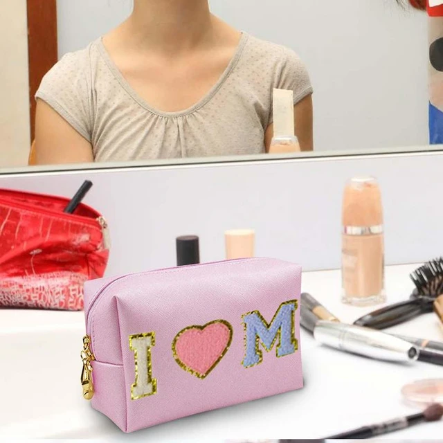 Small Initial Makeup Bag Cosmetic Toiletry Pouch With Chenille