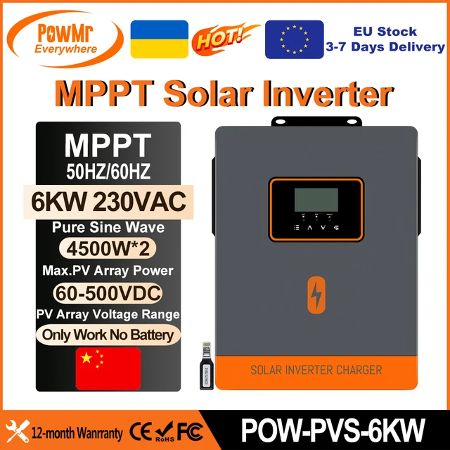 อินเวอร์เตอร์ไฮบริดพลังงานแสงอาทิตย์ PowMr 6KW คลื่นไซน์บริสุทธิ์ แรงดันไฟฟ้าขาออก 220V รองรับแผงโซลาร์เซลล์คู่ พร้อม WIFI ทำงานได้โดยไม่ต้องใช้แบตเตอรี่ รองรับแผงโซลาร์เซลล์สูงสุด 500VDC 1