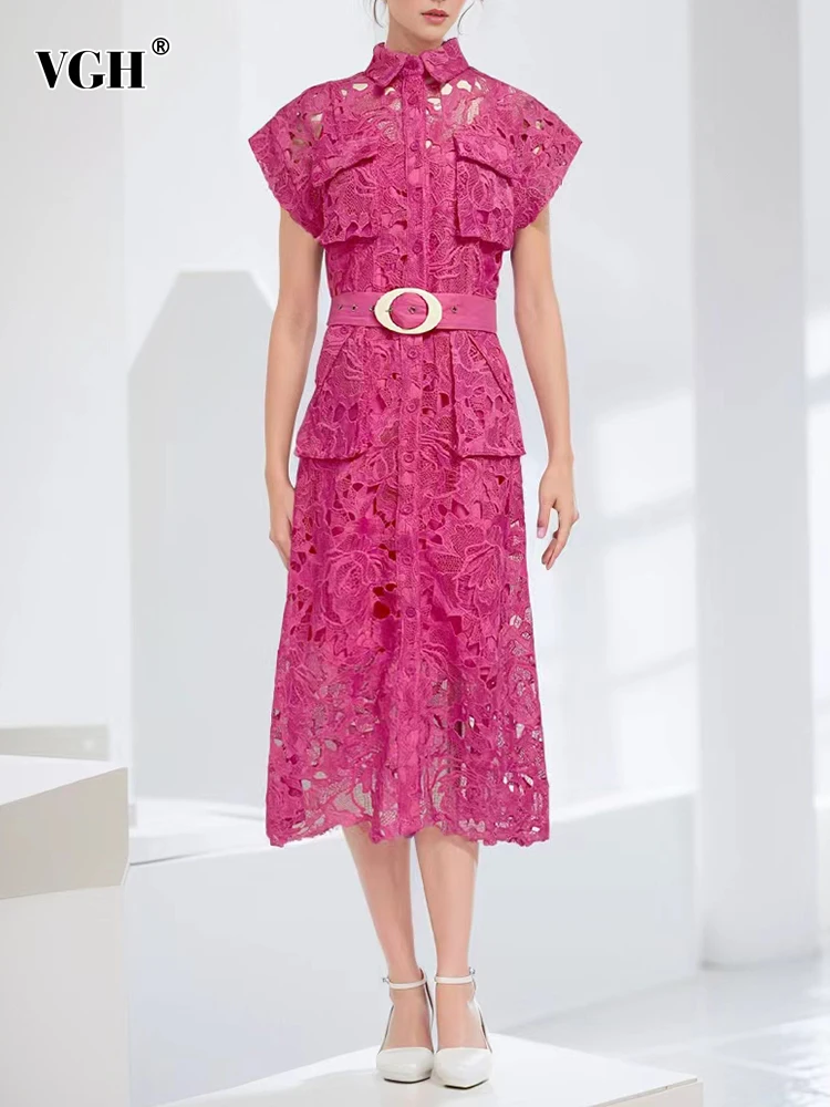 

VGH Patchwork Belt Solid Elegant Dresses For Women Lapel Short Sleeve High Waist Spliced Pockets Embroidery Dress Female Style
