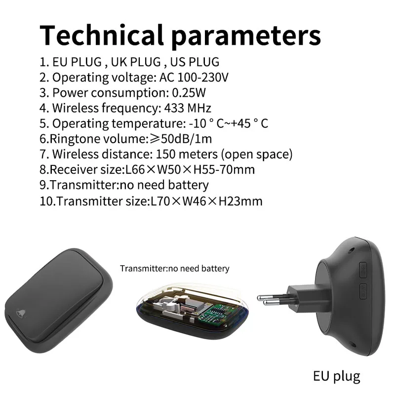 FLD FORELAND Doorbell, Self-Powered Wireless Doorbell Chime Kit, No Battery  Required Door Bell Ringer Wireless, 1000ft Range Door Chime, Doorbell