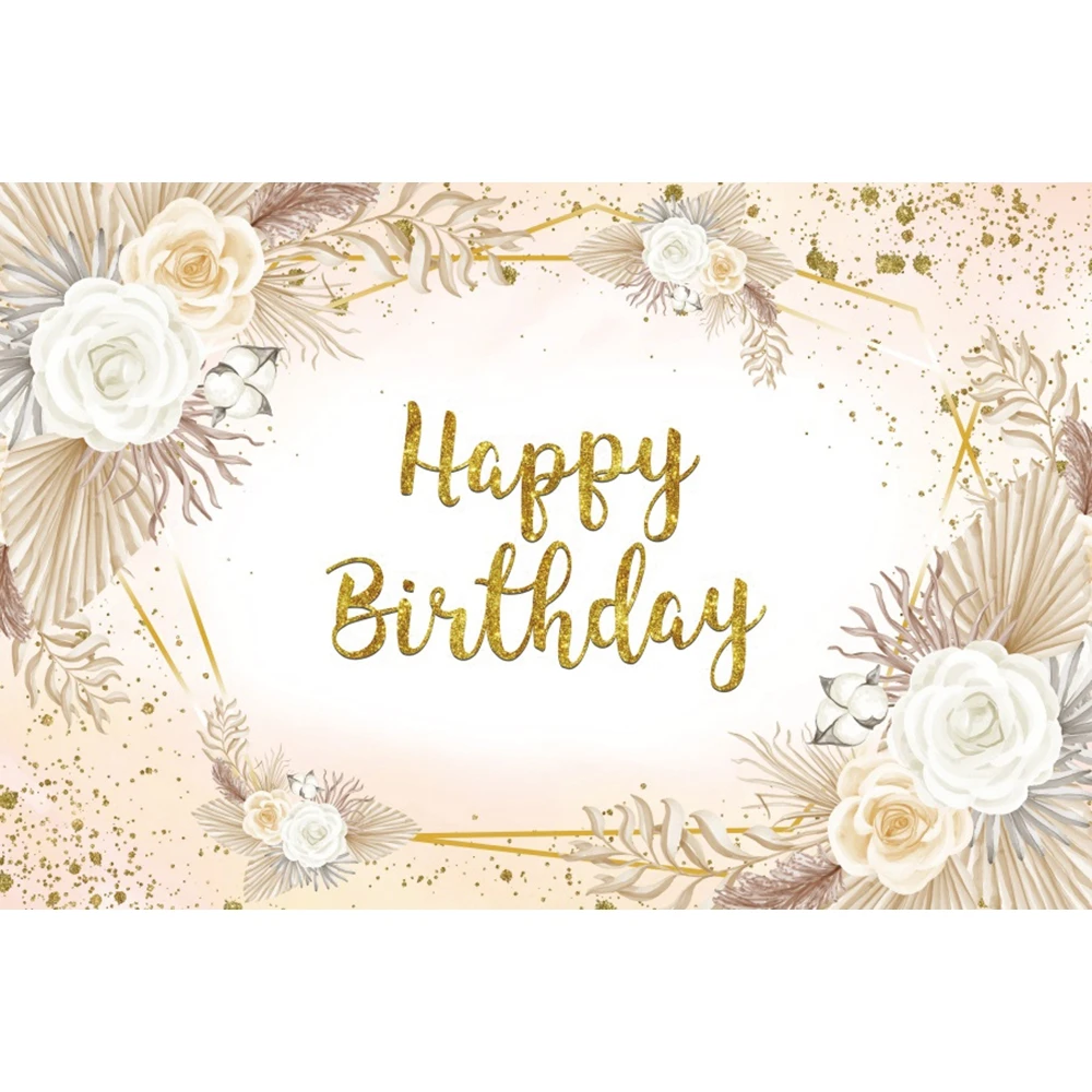 Happy Birthday Backdrop For Photography Marble White Gold Frame Flowers Baby Shower Customize Name Poster Photo Background