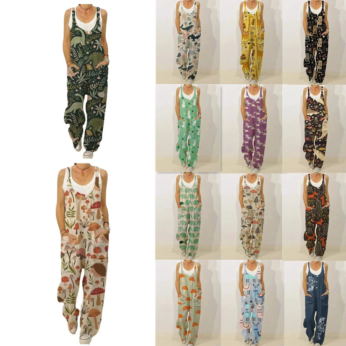 Women's Sleeveless Jumpsuit 2022 Summer Boho Floral Wide Leg Long Pants Rompers Ladies Strap Plus Size Casual Loose Bib Trousers summer maternity bib pants suspender trousers loose female women sleeveless v neck one piece romper overalls jumpsuit plus size