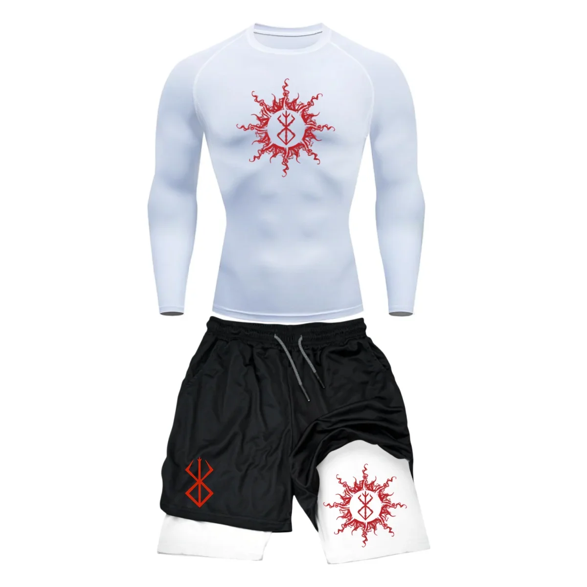 Compression Set Y2K Print Sportwear Men Quick Dry Gym Shorts + Shirt 2PCS Running Workout Summer Rashguard Sport Suit