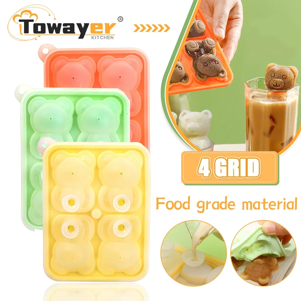 4 Grid 3D Little Teddy Bear Shape Ice Cube Silicone Cute Bear Ice Cube Mold Mold Chocolate Cake Mould Household Cream ice mold ice cream molds