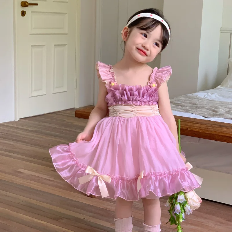 

Kids Clothes Lolita Princess Birthday Party Dress for Girls Children Sleeveless Strap Purple Bow Bubble Dresses Ball Gown