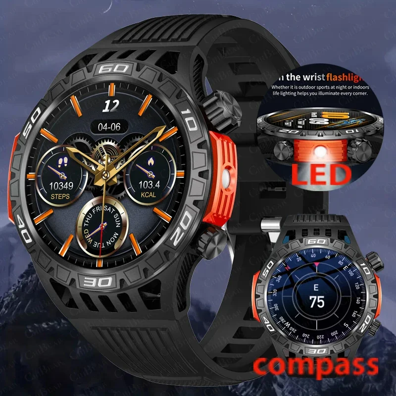 

2024 New Men Smart Watch Compass Outdoor Sports Waterproof Watches Health Monitoring Bluetooth Call with LED Lighting SmartWatch