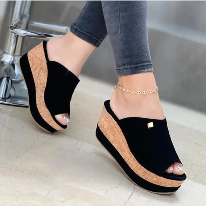 2023Slippers Summer Wedges Retro Fish Mouth Large Size Sandals Women High Heel Platform Solid Color Plus Size Shoes Sandalias