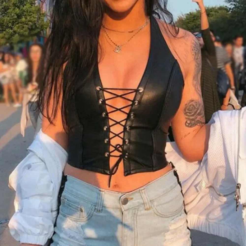 Sexy Damen-Tanktops, Westen, solides schwarzes PU-Leder, Y2k-Gothic, Schnürung, tiefer V-Ausschnitt, Party, Clubwear, Wet-Look, Korsett, BH, Weste, T-Shirt