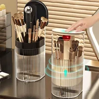 Transparent Makeup Brush Holder with Lid Automatic Lifting Dustproof Makeup Brushes Organizer for Vanity Cosmetics Storage Box 1