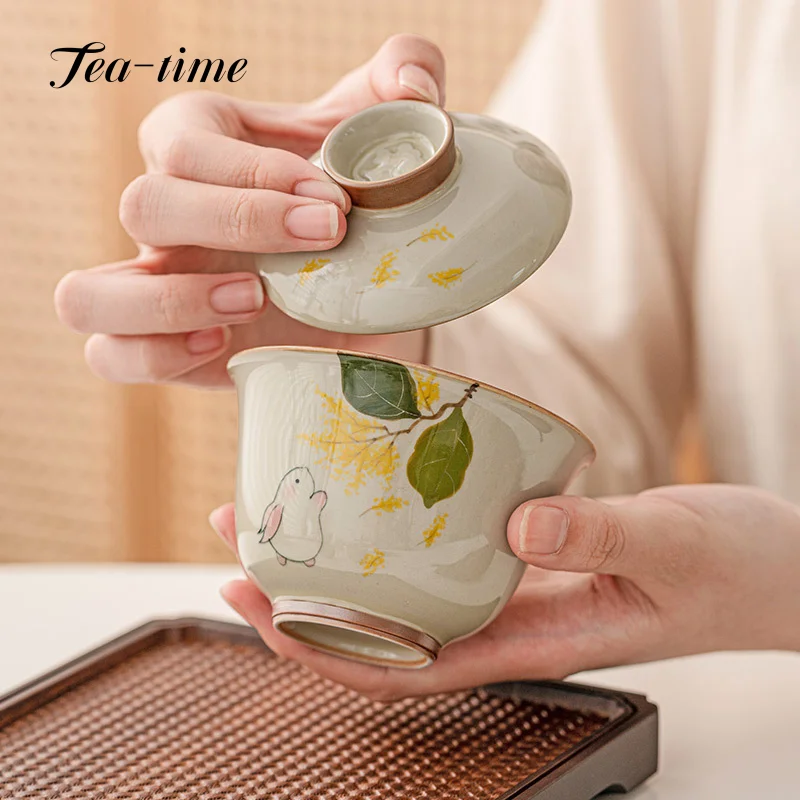150ml Plant Ash Gaiwan Hand-painted Cute Rabbit Ceramic Ercai Tea Tureen Teacup Tea Bowl Anti-scald High-end Kung Fu Set