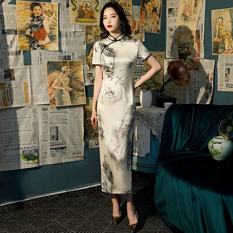 

Spring New Green Elegant Retro Women Chinese Traditional Dress Qipao Printing Cheongsam Long Qi Pao Dresses 4XL