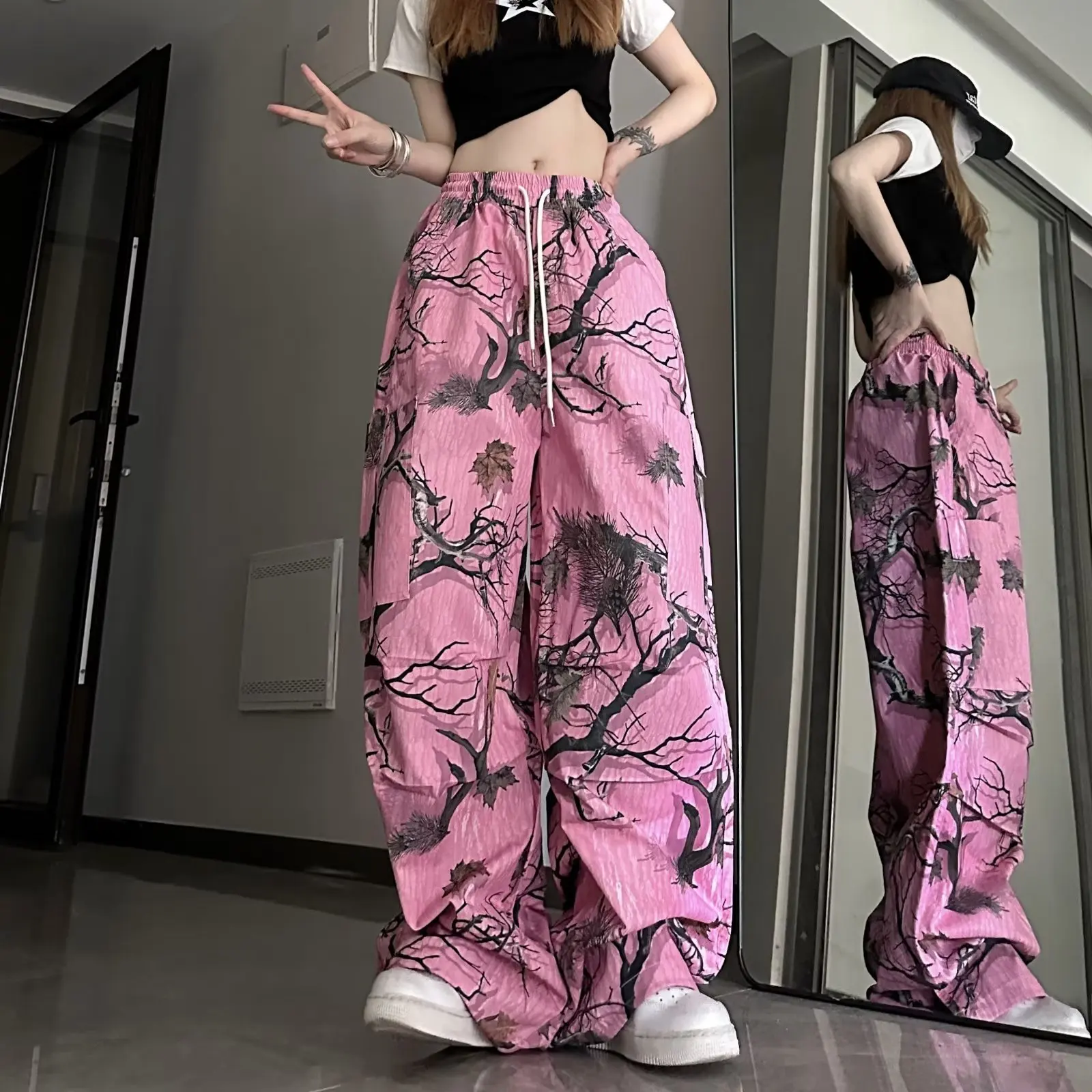 y2k pink Graffiti Full Print causal pants Street Hip-hop Fun Wide Leg Pants for Women Summer High Waisted Loose and Slimming Tre